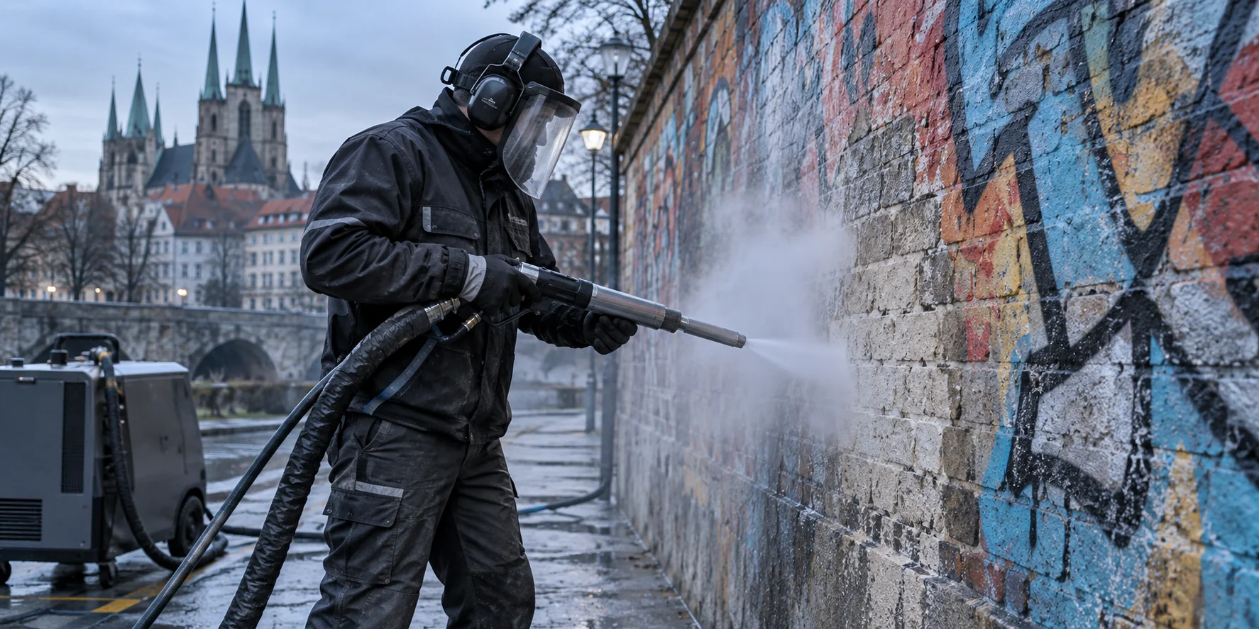 Trockeneisstrahlen an einer mit Graffiti besprühten Mauer