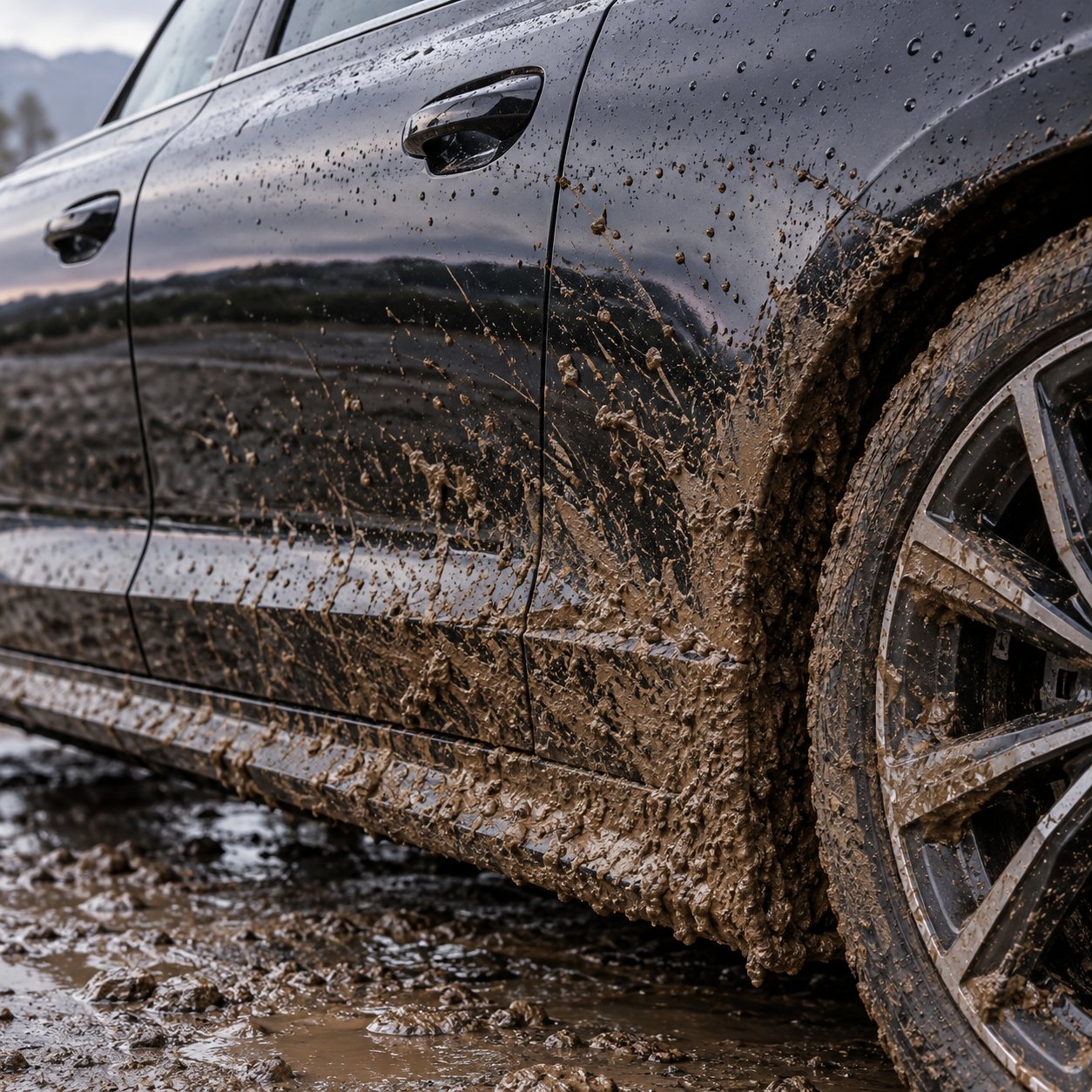 Nahaufnahme von Schlammablagerungen an Tür und Radlauf eines dunklen Autos