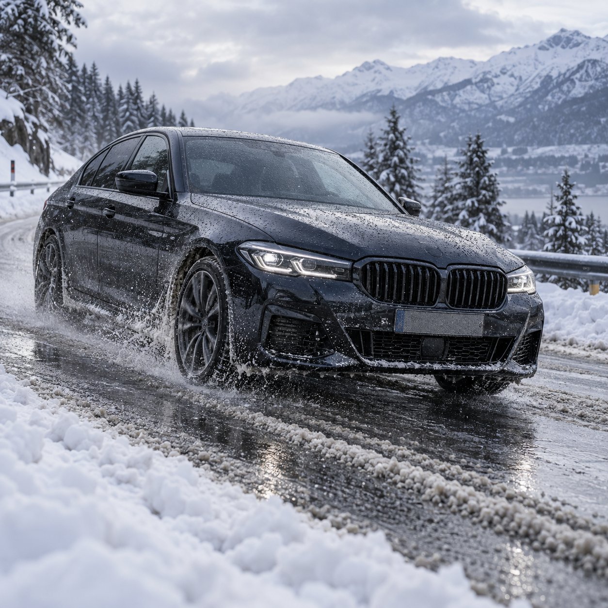 Dunkles Fahrzeug auf einer verschneiten Straße mit salzhaltigem Schneematsch