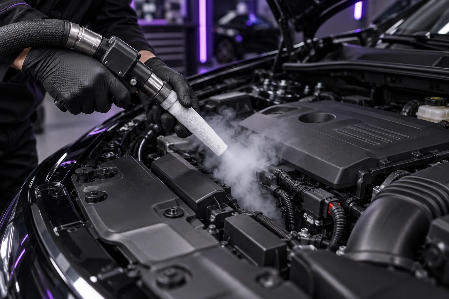 Illustration einer gezielten Trockeneisreinigung nahe elektrischer Bauteile im Motorraum