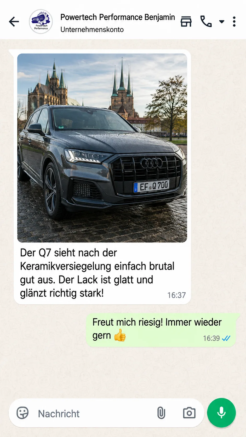 Chatverlauf mit Kundenfeedback zur Autoaufbereitung
