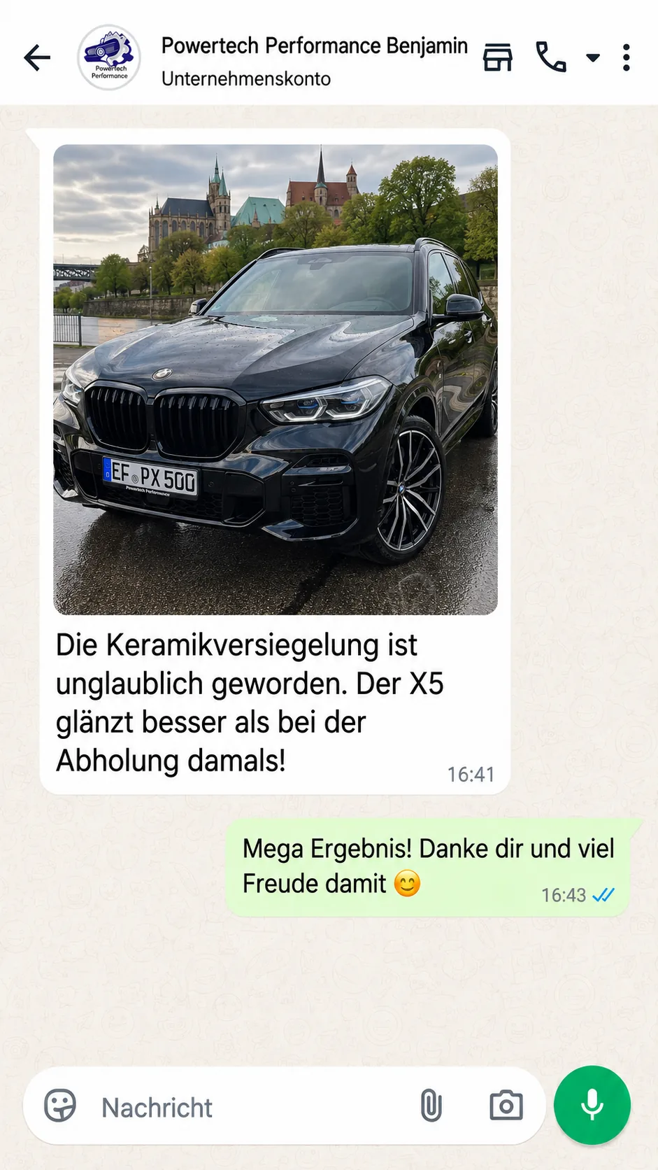Chatverlauf mit Kundenfeedback zur Lackpflege